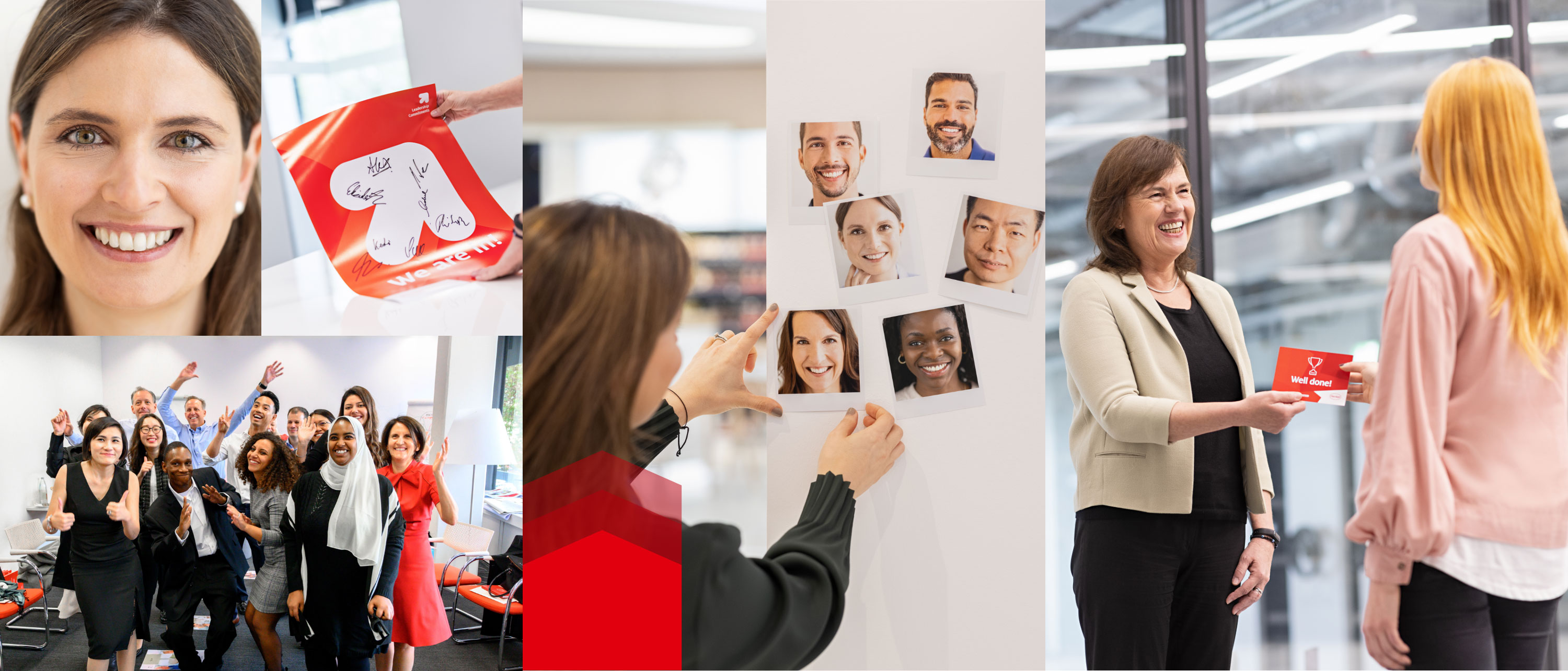 Un collage de l'environnement de travail Henkel. Nos employés Henkel jouent toujours en équipe. 