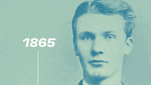 Une vidéo GIF montre Fritz Henkel à travers le temps. On le voit successivement à 17 ans en 1865, en jeune homme en 1876, en homme mûr avec une barbe en 1895, puis enfin en gentleman âgé avec des cheveux blancs et une barbe épaisse en 1928