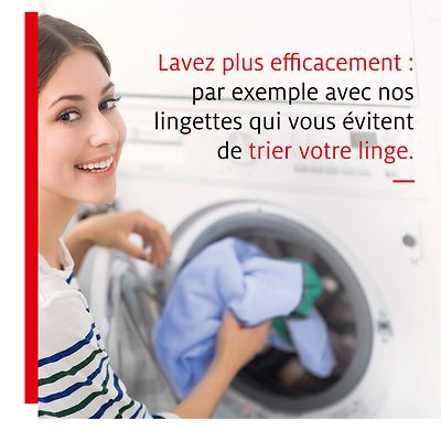 Nos lingettes Décolor Stop aident les consommateurs à réduire le nombre de leurs lavages puisqu’elles permettent de laver du linge de plusieurs couleurs en même temps