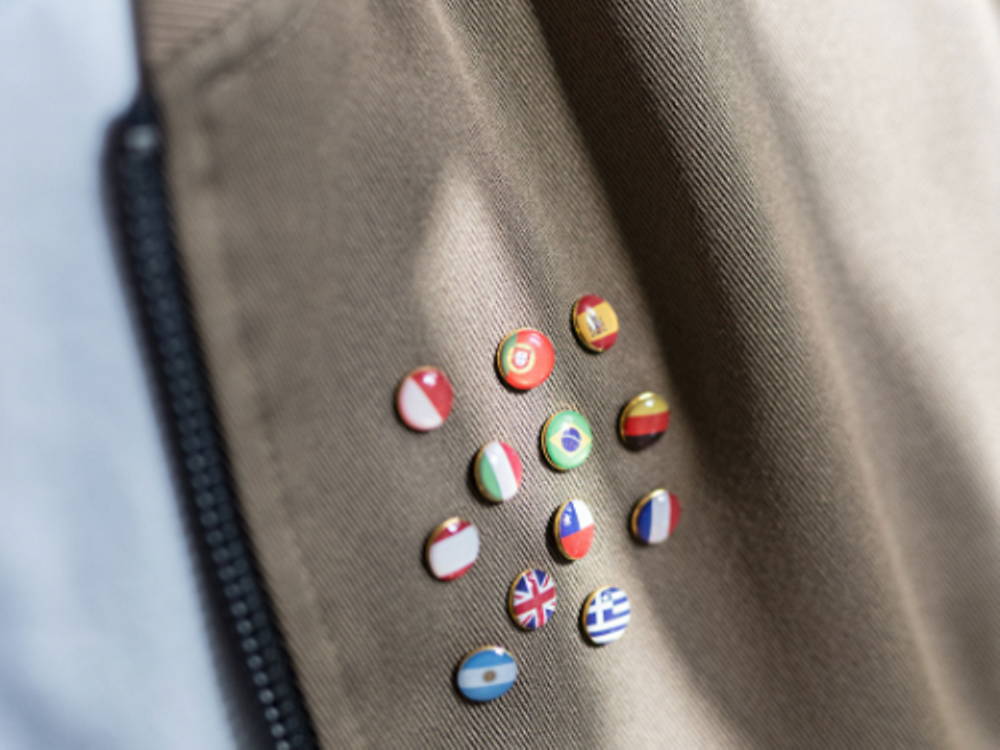 Pins of various nations on a jacket