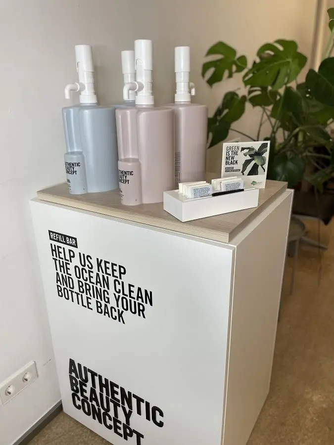 Side view of the refill station in the hair salon