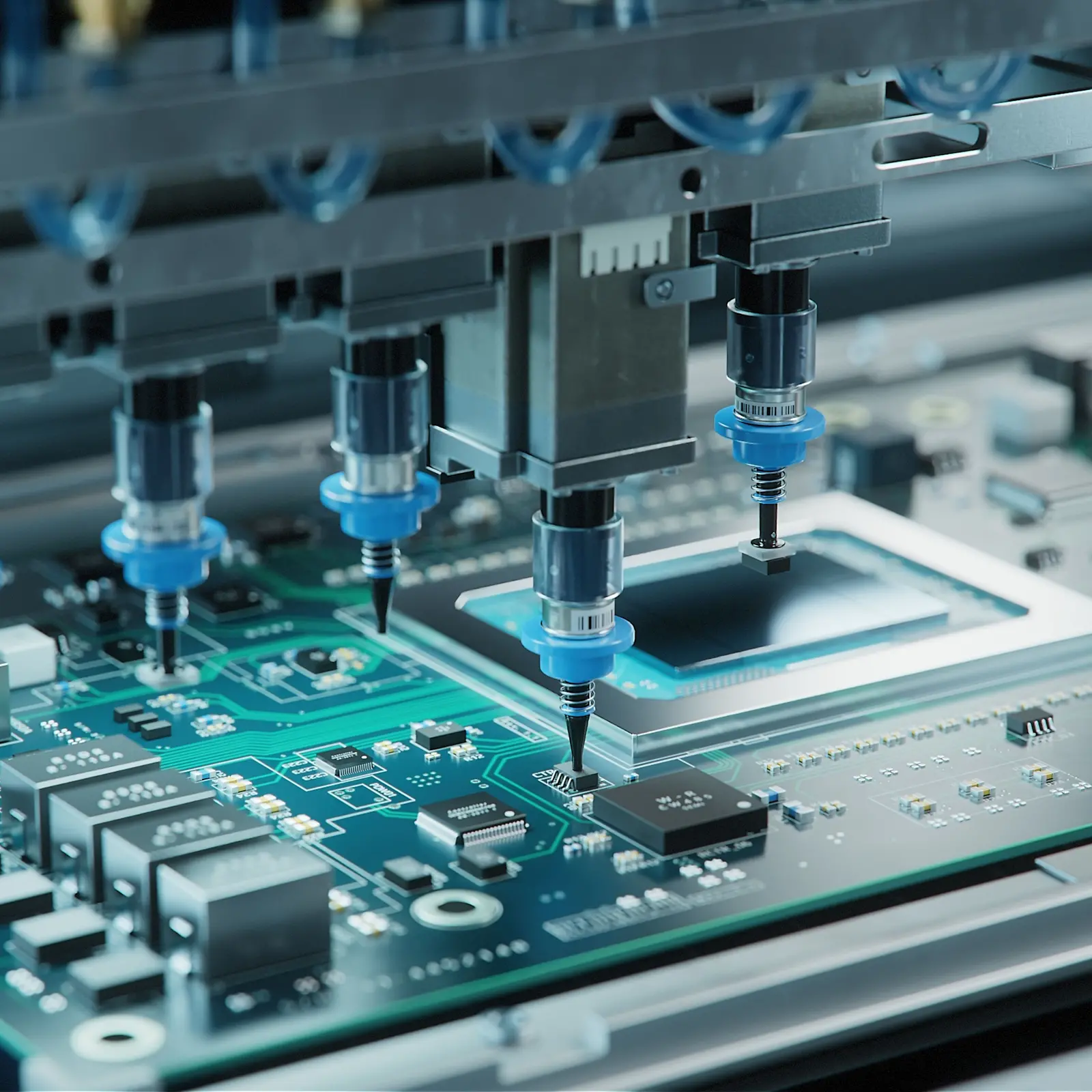 Application d'adhésif sur un circuit imprimé avec des composants à l'aide d'une machine à 4 aiguilles