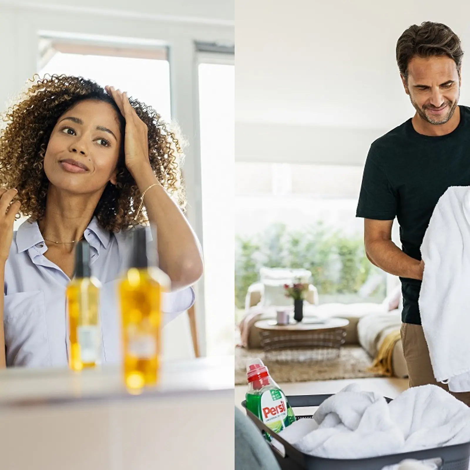 À gauche, une femme applique un produit capillaire sur ses cheveux bouclés, à droite, un homme plie le linge.