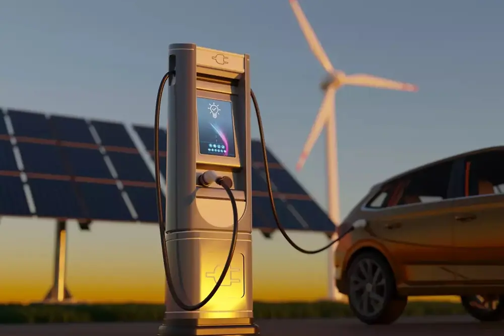 Station de recharge pour véhicules électriques avec panneaux solaires et éoliennes en arrière-plan.