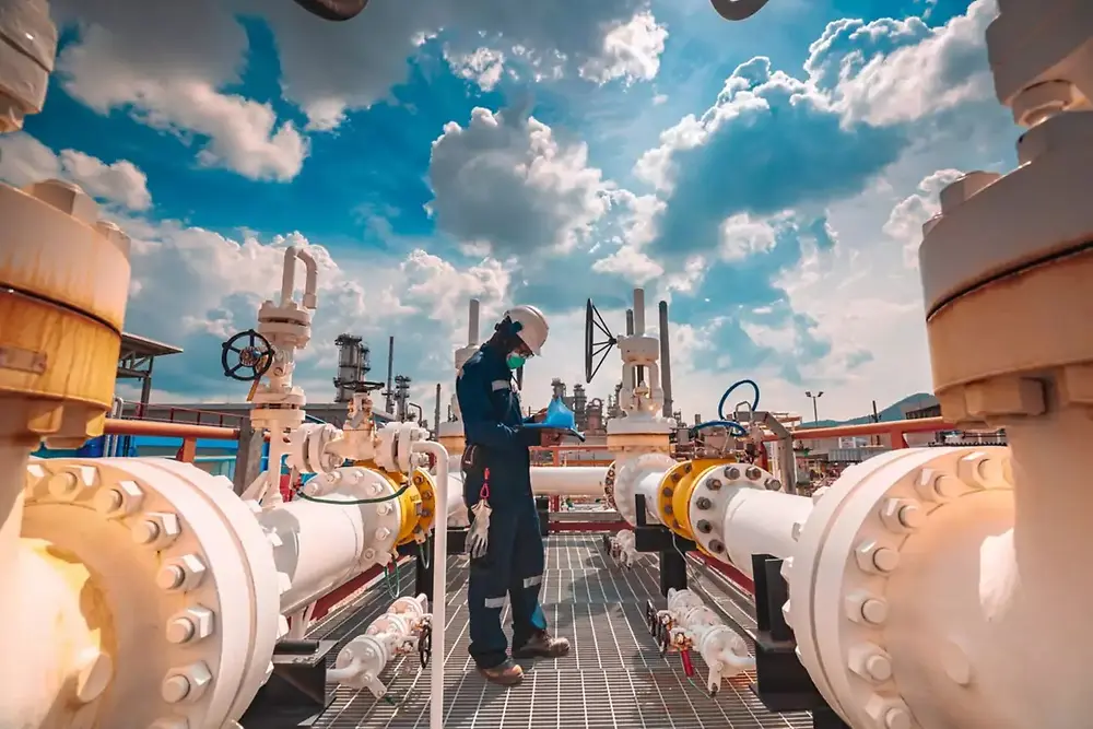 Installation industrielle avec de grandes canalisations et des ouvriers inspectant des équipements à l'extérieur.