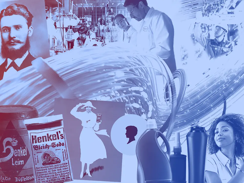  Différents produits vintage Henkel, détergents, chercheurs et publicités historiques dans des tons bleus