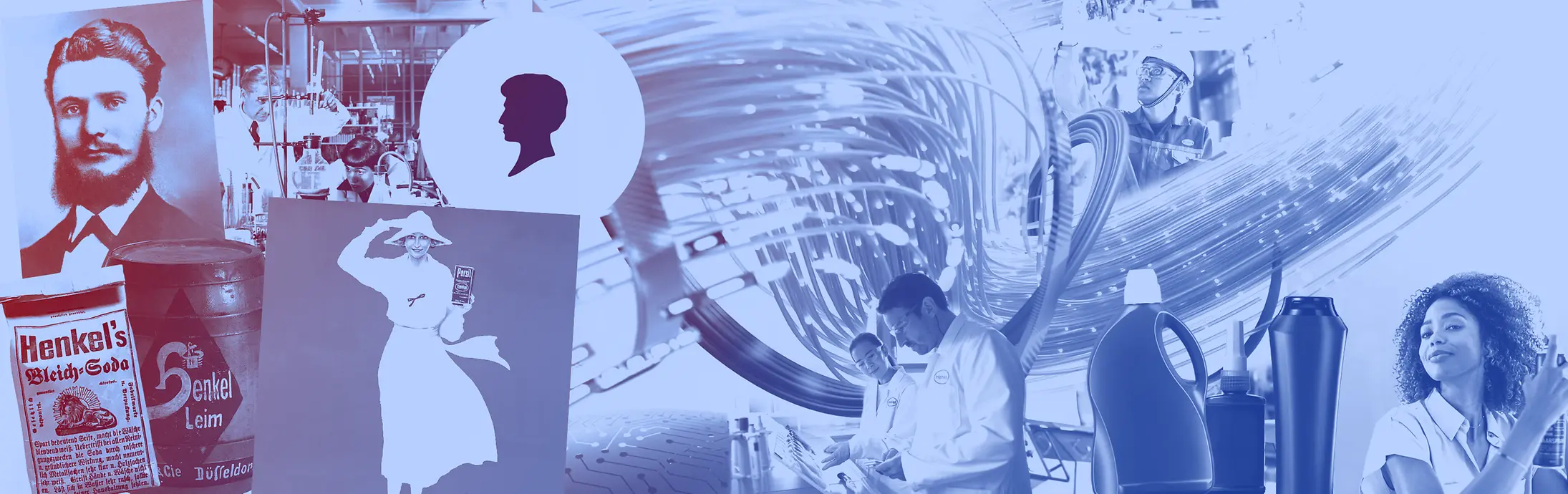 Collage of vintage Henkel products, detergent bottles, lab workers, and historical advertisements in blue tones.