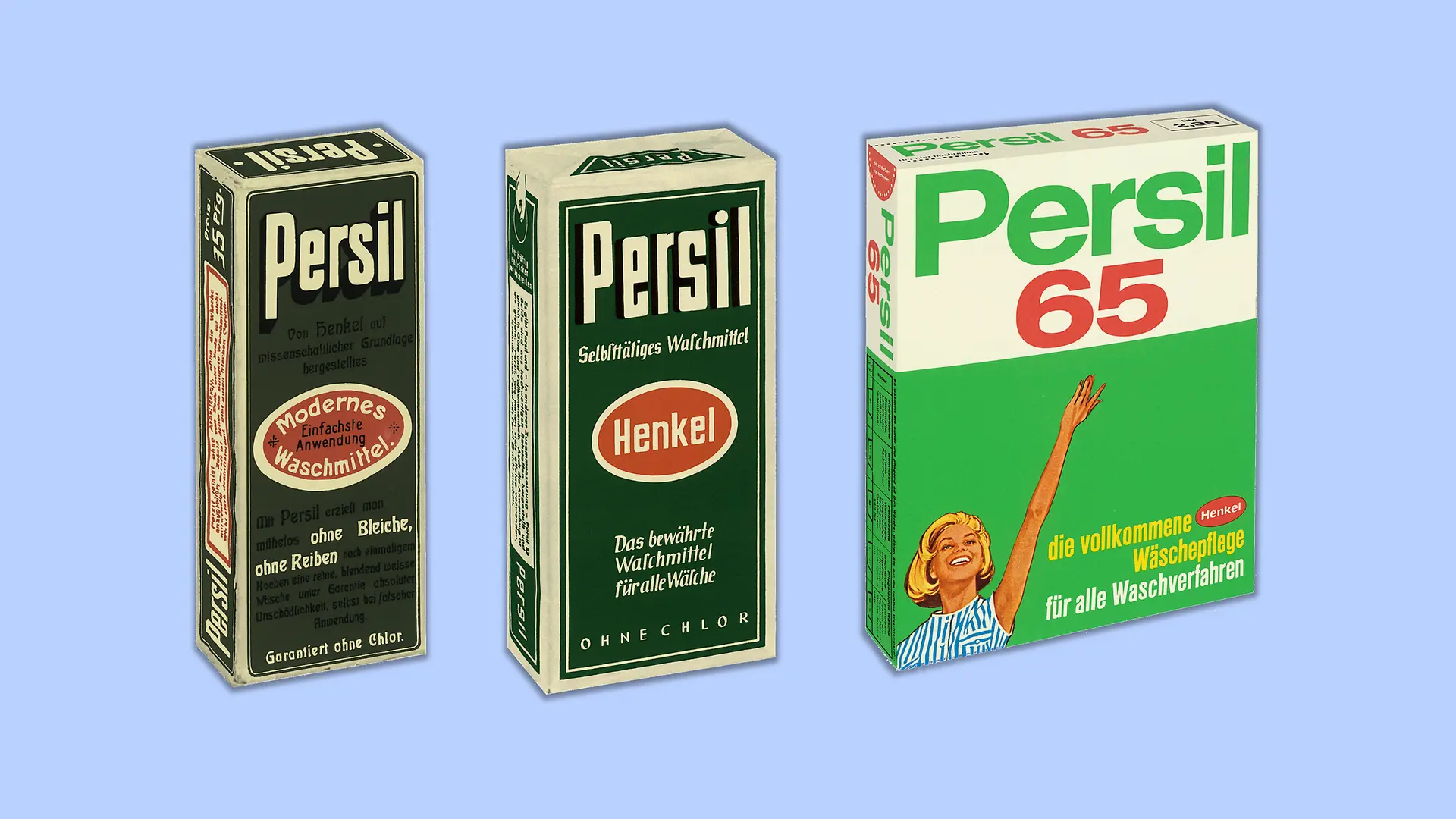 Au fil des décennies, Persil conserve son identité visuelle emblématique : le vert caractéristique avec des lettres blanches et l’ovale rouge Henkel au centre. Bien que le format des emballages s’élargisse légèrement au fil du temps, le design reste fidèle à ses origines, symbole de continuité et de confiance
