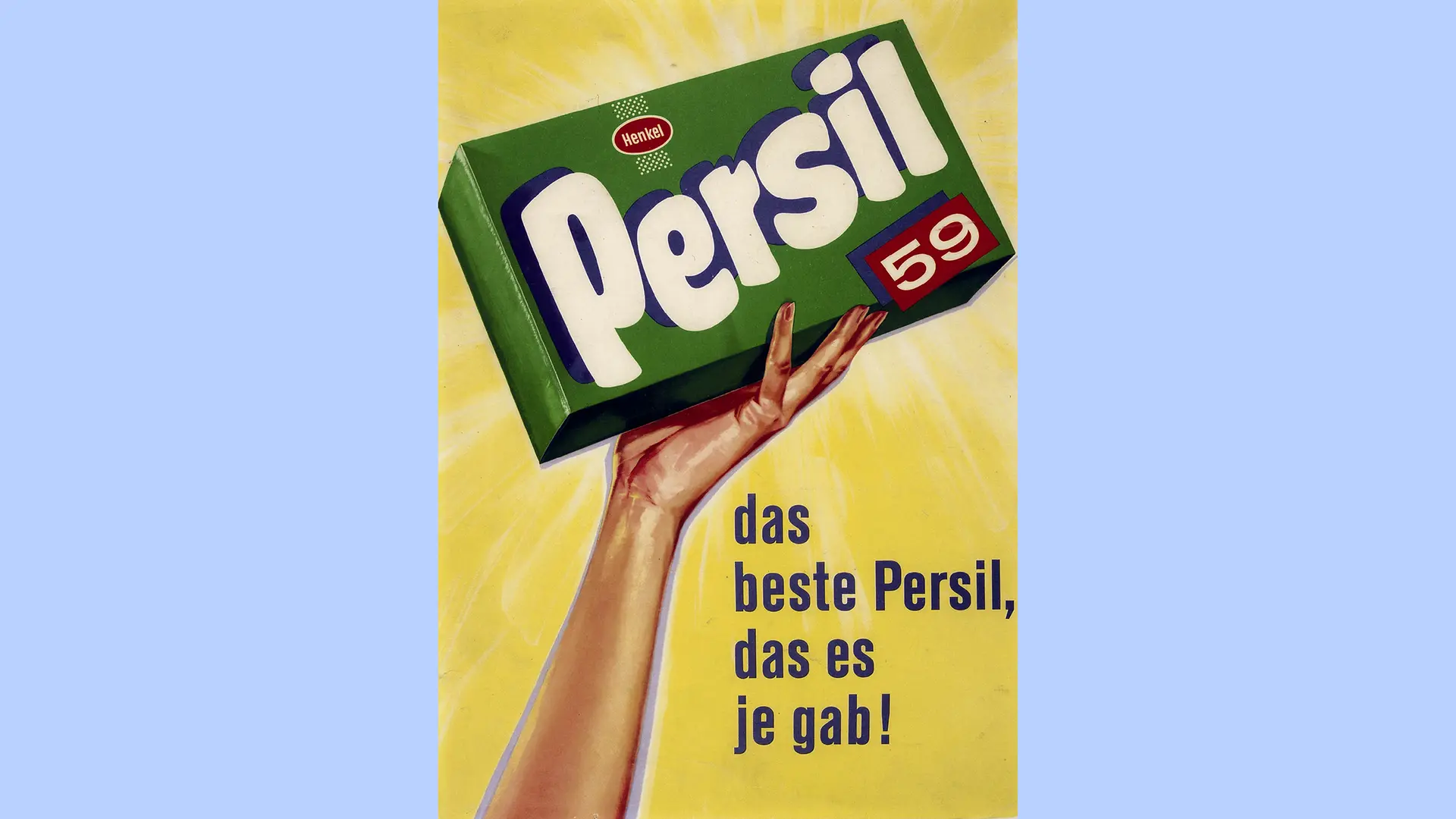 Une affiche publicitaire verte montrant un paquet de détergent Persil 59.