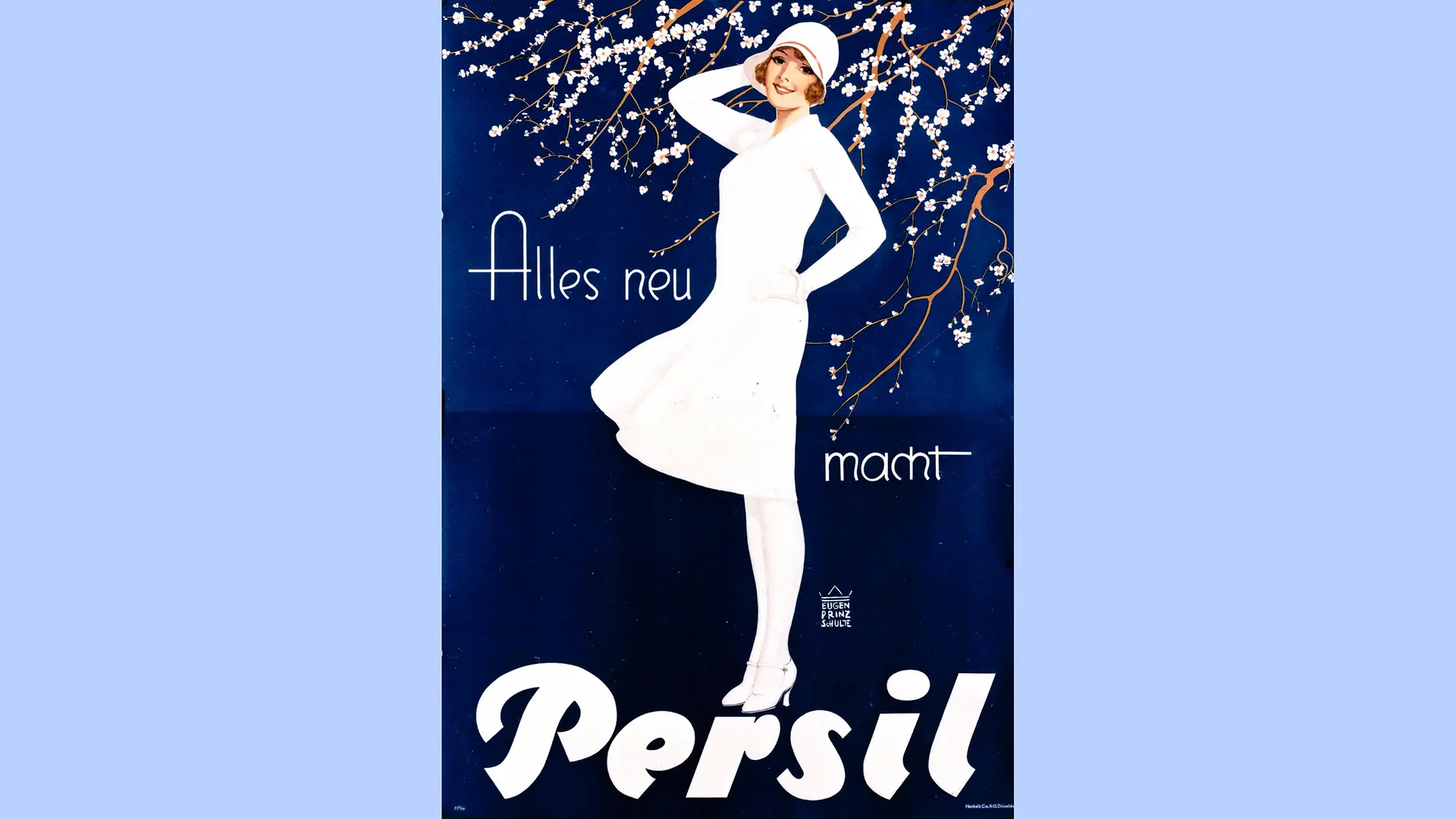 La “ Lady in White “ sur un fond bleu foncé avec des fleurs de cerisier et le slogan “Alles neu macht Persil” (Persil, à l’origine de chaque nouveauté).