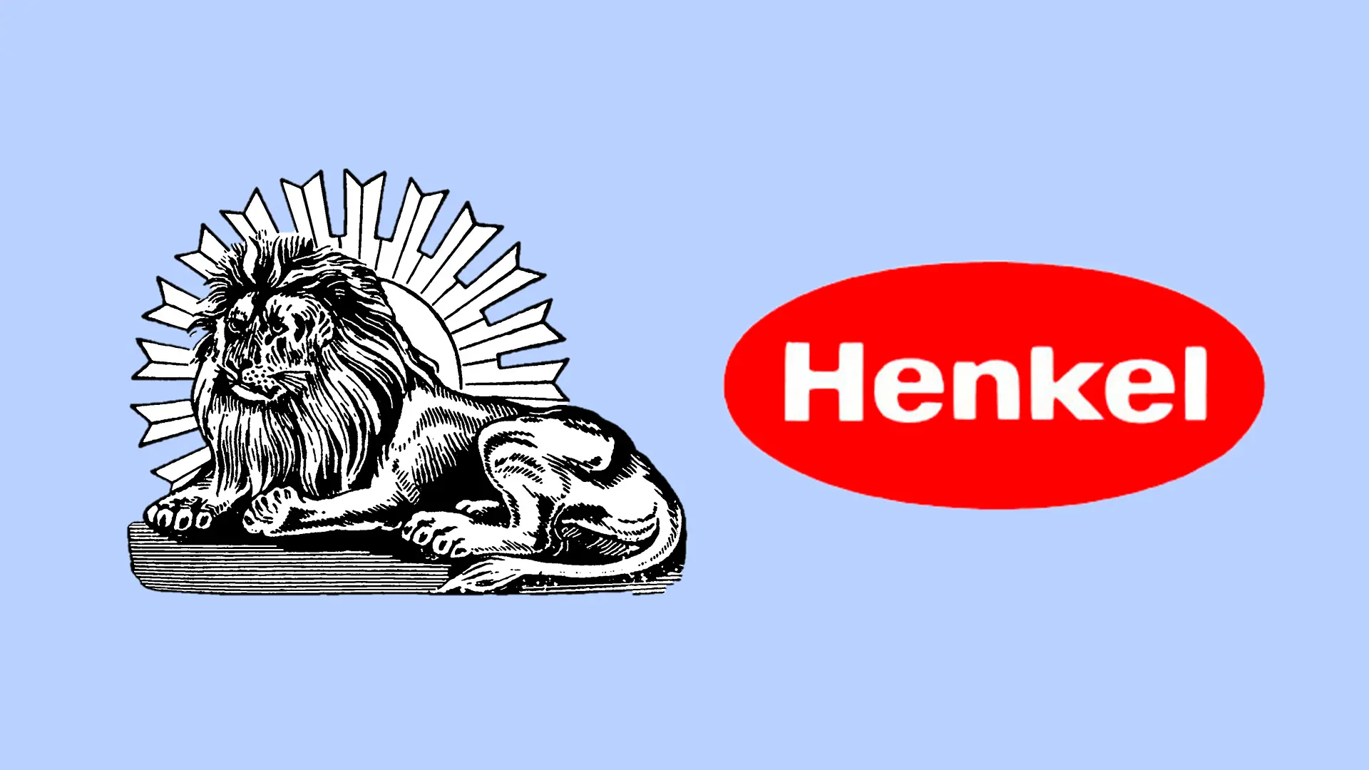 Un collage présente deux logos emblématiques : le lion historique de Henkel est représenté à côté de l’ovale Henkel (à droite).