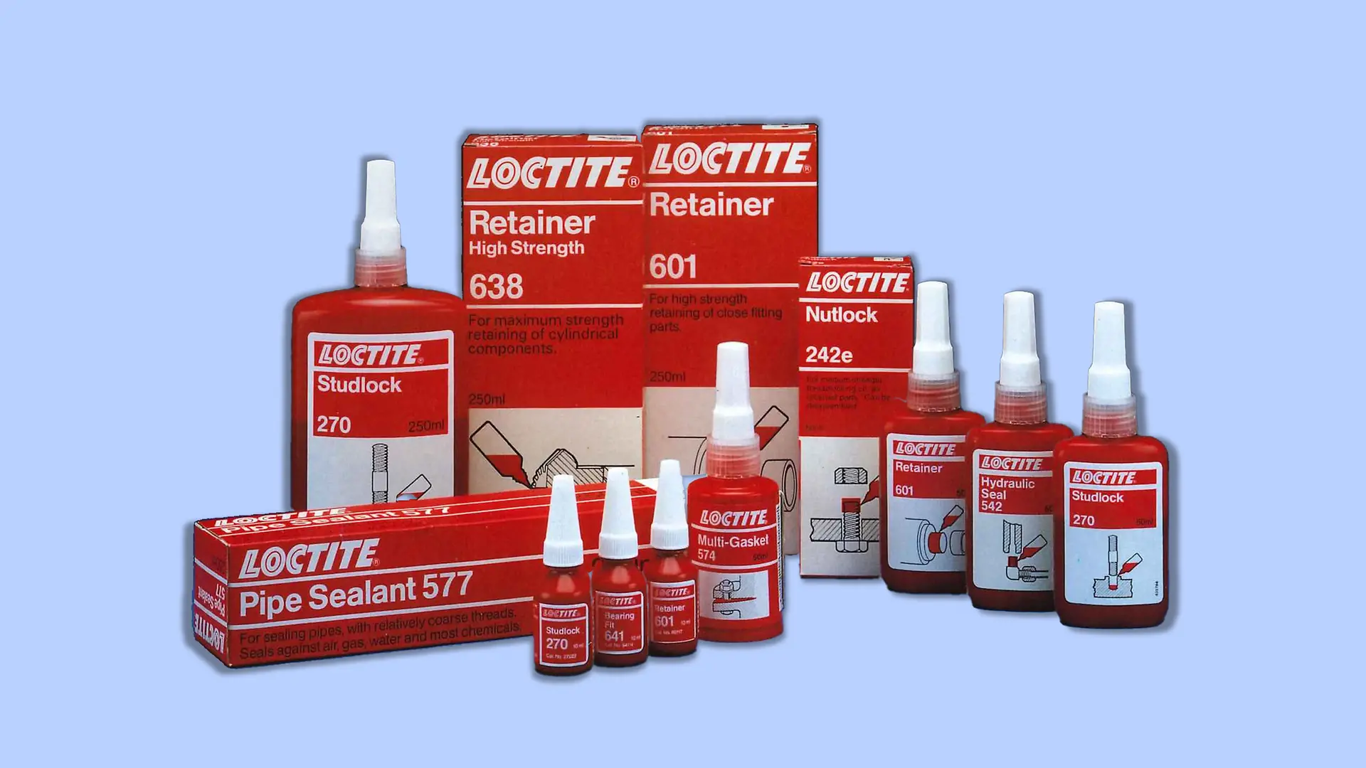 L’assortiment Loctite des années 1990 : divers produits pour des applications industrielles.