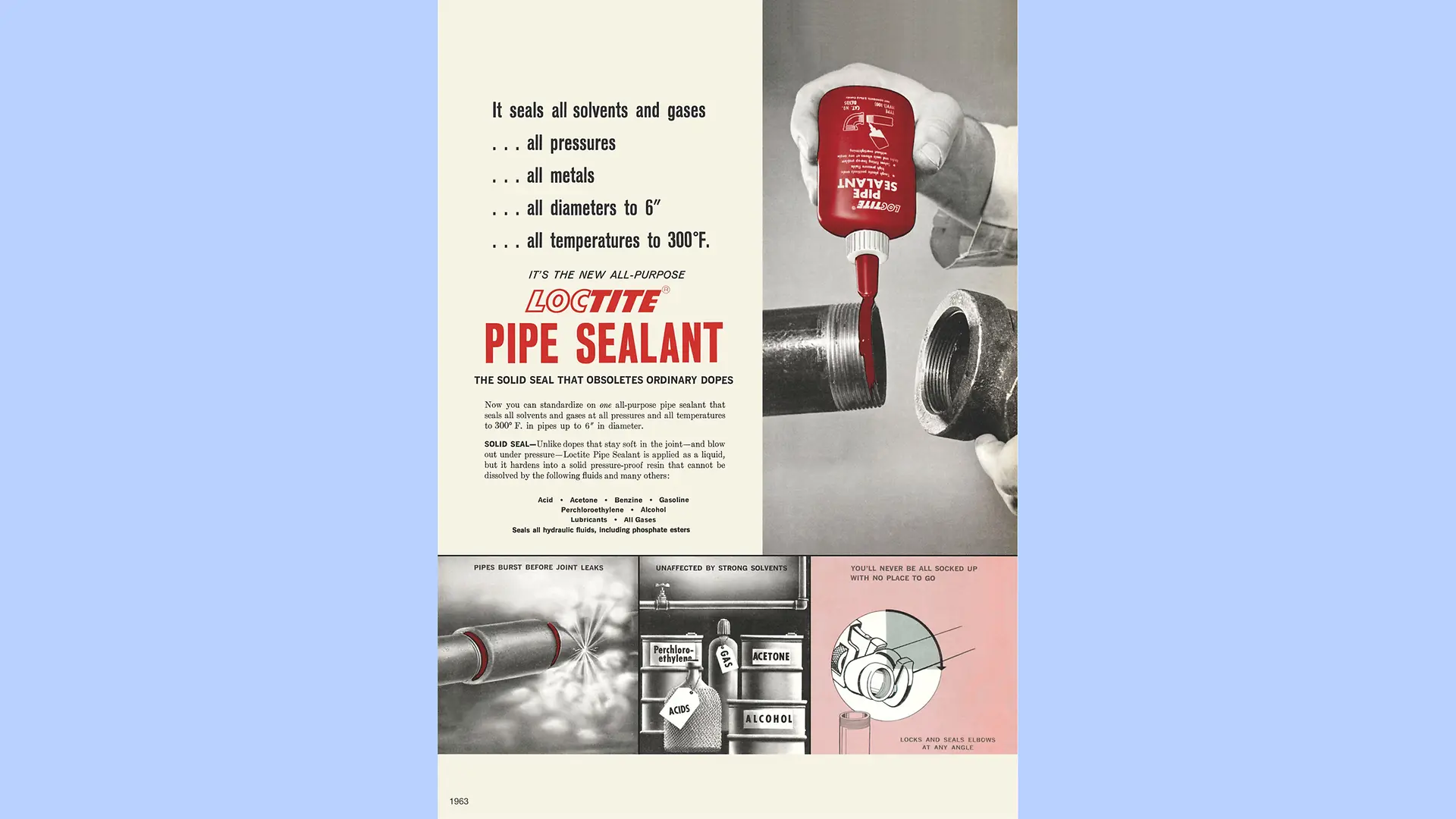 Une affiche publicitaire en anglais pour le Loctite Pipe Sealant montre l’application du produit.