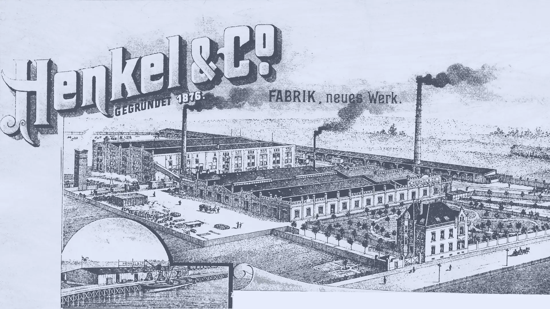 Papier à en-tête Henkel avec une illustration de l’usine de Holthausen et une vue du port de Reisholz dans le coin inférieur gauche.
