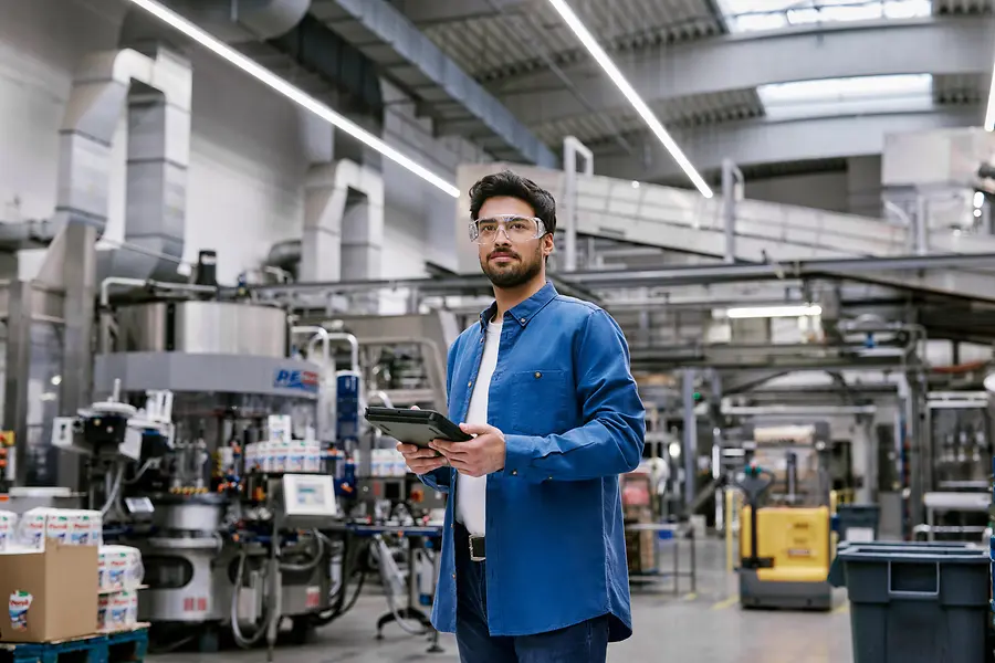 Un homme debout dans une usine moderne, tenant une tablette et portant des lunettes de sécurité, représentant l'innovation et la numérisation dans la fabrication chez Henkel.