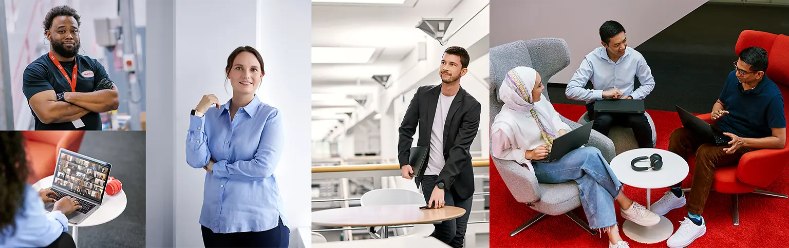 Un collage représentant des personnes d’horizons divers, hommes et femmes, dans différents contextes : portraits, au travail à leur bureau ou collaborant en équipe.