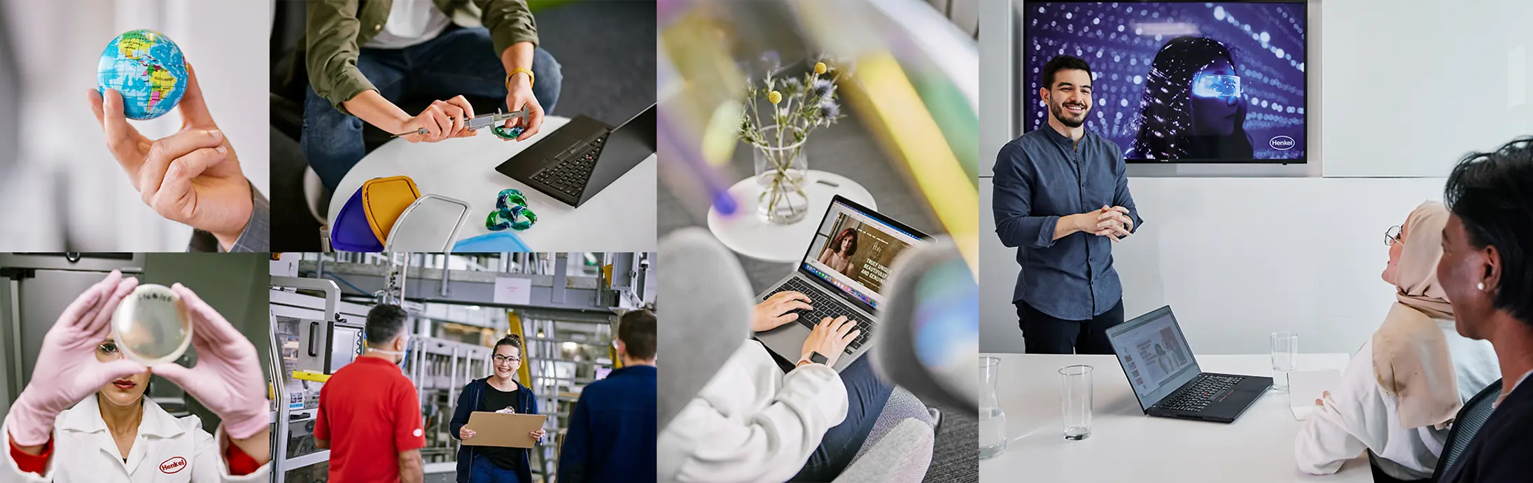 Un collage de six images montrant un globe, une personne travaillant dans un laboratoire, des personnes travaillant à des tables, ainsi qu'une scène de réunion et de présentation.