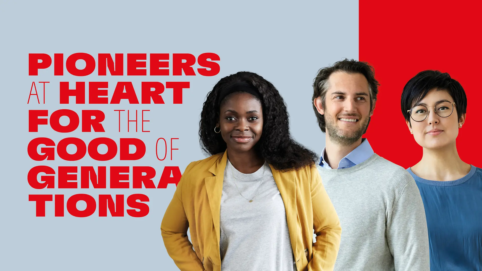 La raison d’être de Henkel, « ioneers at heart for the good of generations », est écrite en lettres rouges sur un fond bleu clair. Trois personnes sont positionnées à sa droite.
