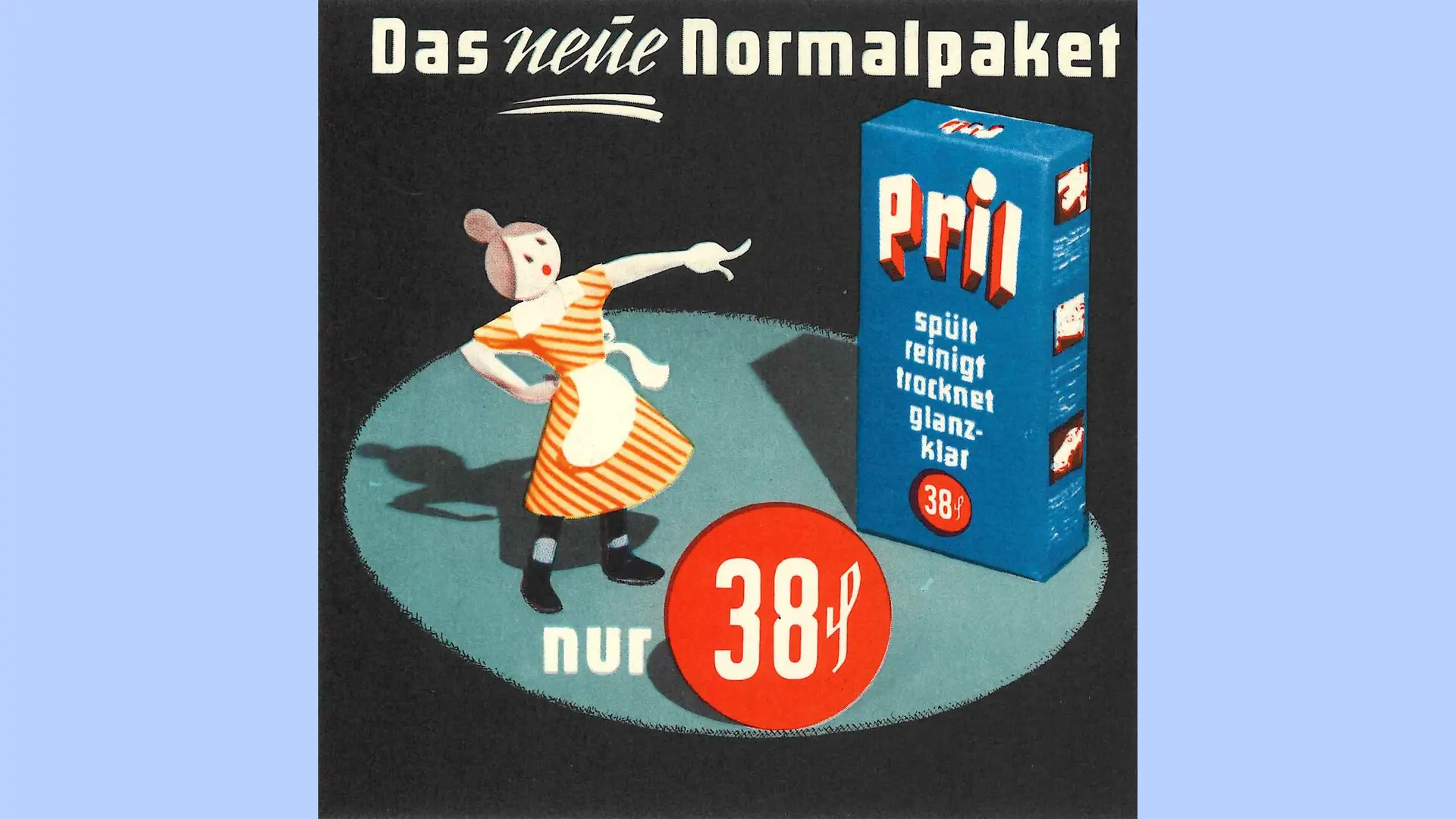 Affiche publicitaire dessinée avec un paquet de Pril sous un projecteur. Une femme en robe rayée jaune et rouge est placée devant le paquet, pointant celui-ci avec un doigt tendu et une expression de surprise. En haut figure l’inscription “Das neue Normalpaket” (“Le nouveau paquet standard”) et plus bas “nur 38 Pfennig” (“Seulement 38 pfennigs”).