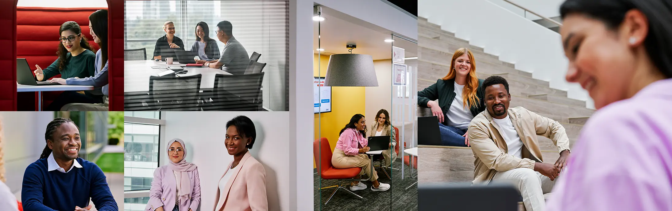 Collage de scènes montrant des personnes engagées dans différentes étapes d'un processus de candidature et d'entretiens, notamment des personnes travaillant sur des ordinateurs portables, discutant avec d'autres personnes dans des bureaux et présentant des informations au cours d'une conversation.