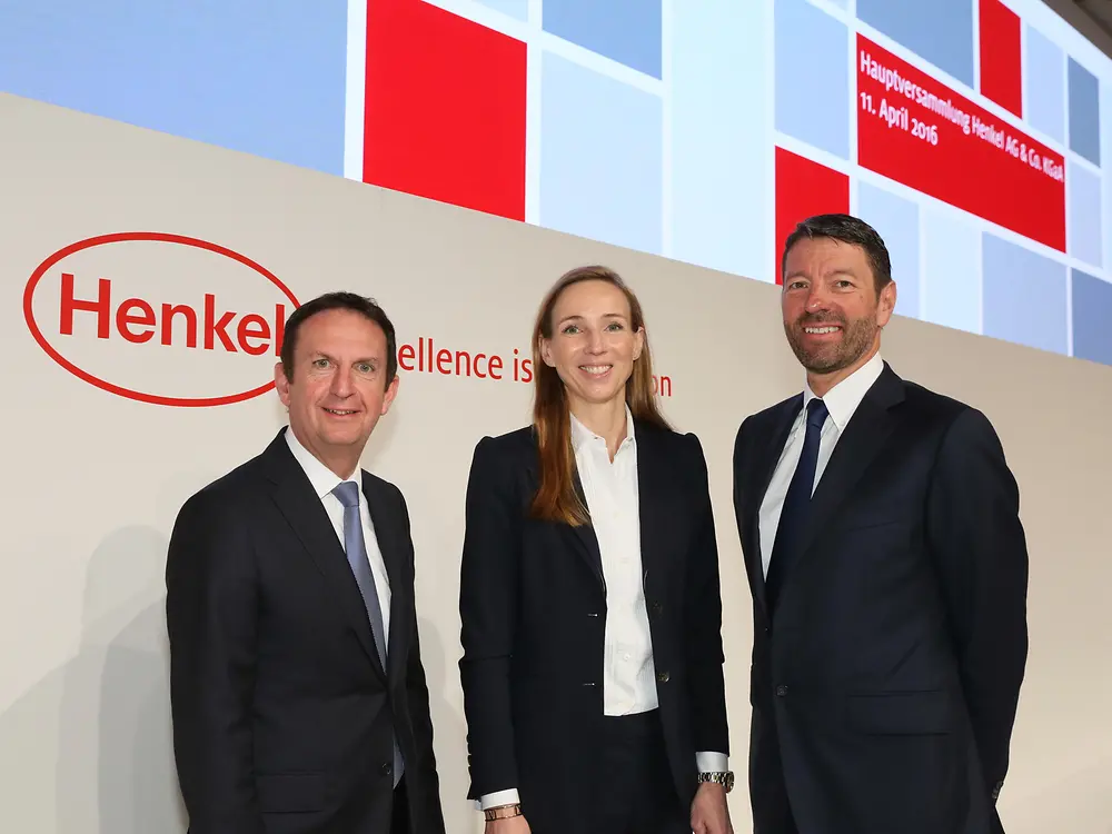 Hans van Bylen, Simone Bagel Trah, and Kasper Rorsted at 2016 AGM