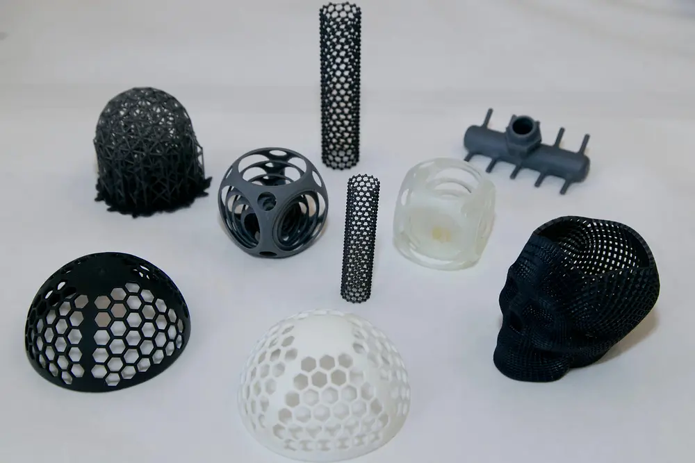 3D printed prototypes in different shapes and sizes.
