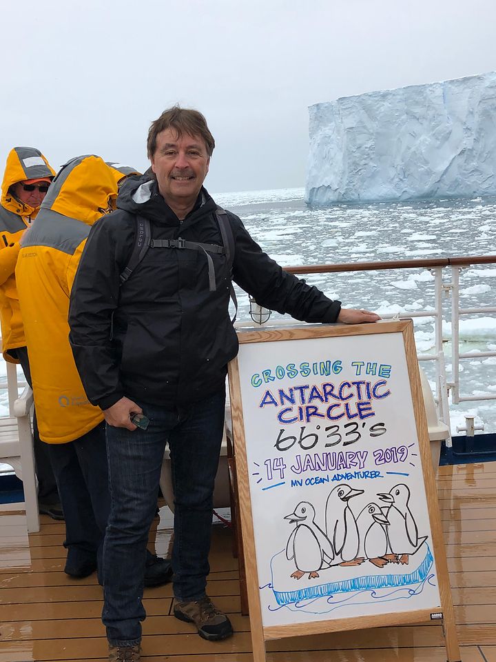 Perkins boarded a plane in Chile, flew over the Drake passage to King George Island in the South Shetland Islands, and traveled by zodiac boat to become a passenger aboard the Ocean Adventurer expedition, crossing the Antarctic Circle on January 14, 2019.