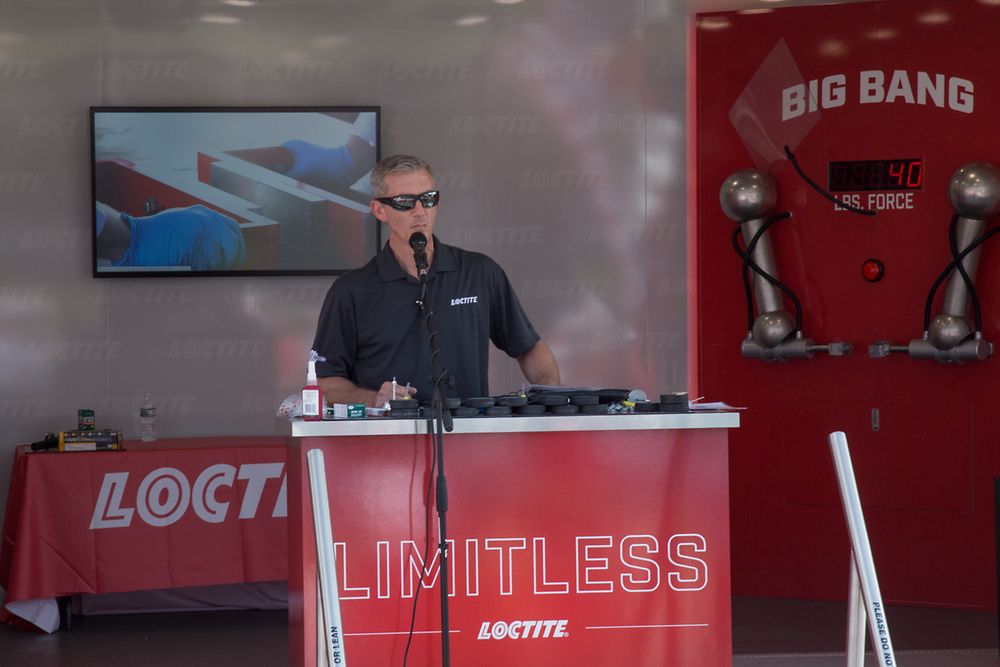 Henkel’s David Carbone ensures demonstrations of LOCTITE adhesives will “wow” tour visitors.